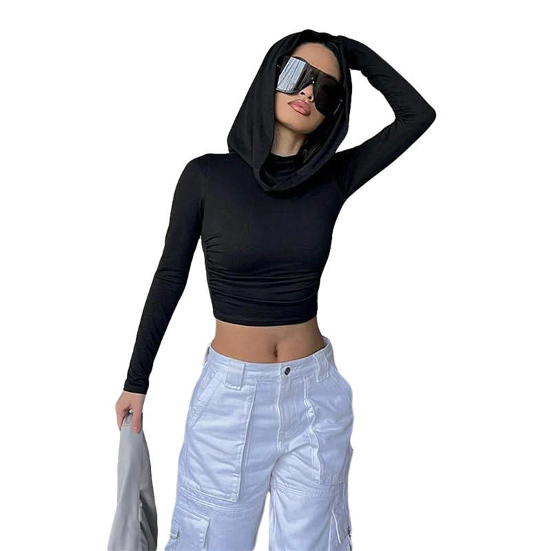 Y2K Crop Top - Solid Color Slim Fit Hooded T-Shirt