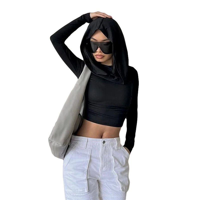 Y2K Crop Top - Solid Color Slim Fit Hooded T-Shirt