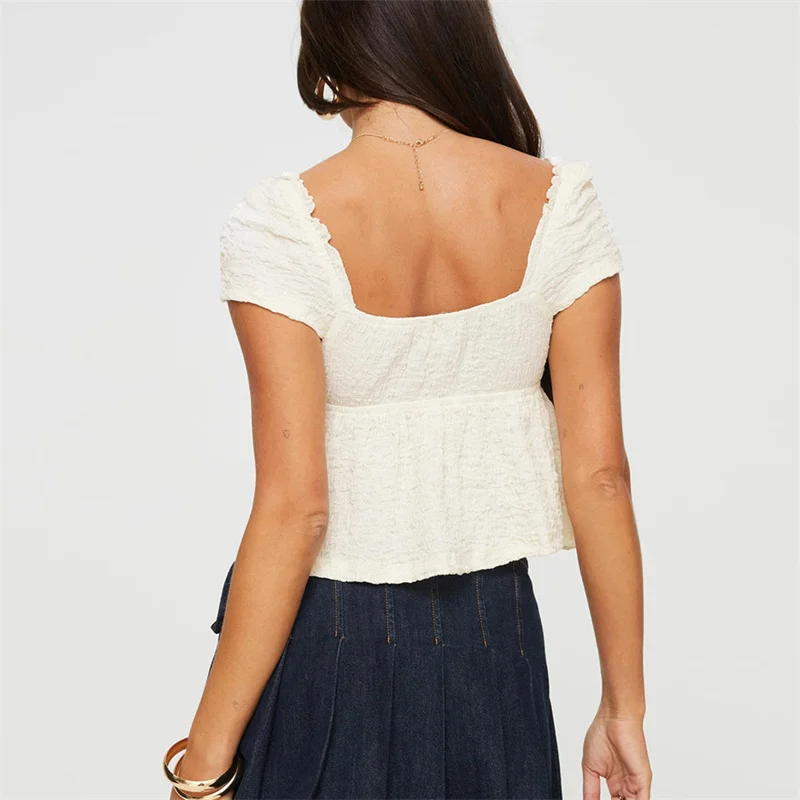 Y2K Crop Tops - Solid Color Ruffle Trim V-Neck Tee