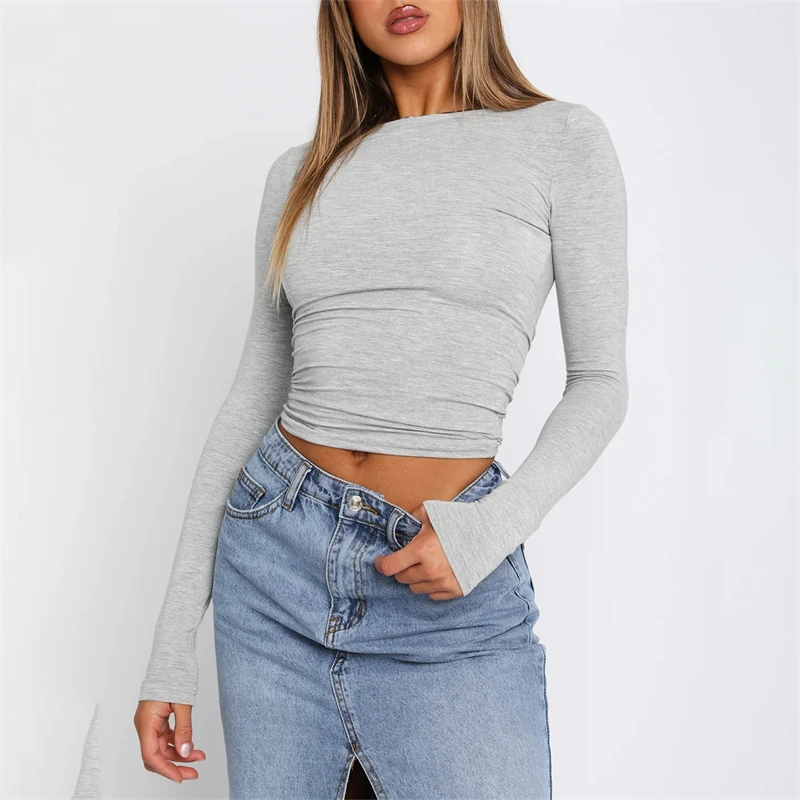 Y2K Crop Tops: Solid Color Round Neck Long Sleeve T-shirt