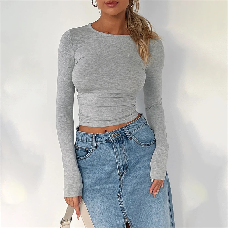 Y2K Crop Tops: Solid Color Round Neck Long Sleeve T-shirt