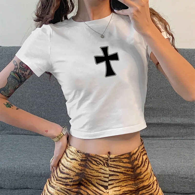 Y2K Cross Print Crop Top - Street Fashion O-Neck Slim Tee