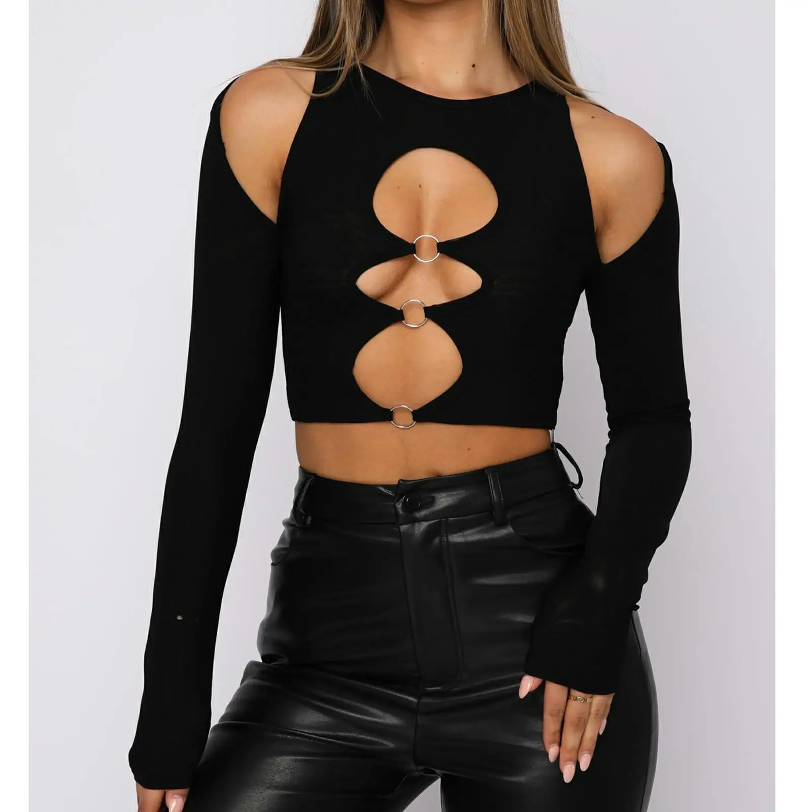 Y2k Cut Out Crop Shirt: Long Sleeve Halter Criss Cross Tees