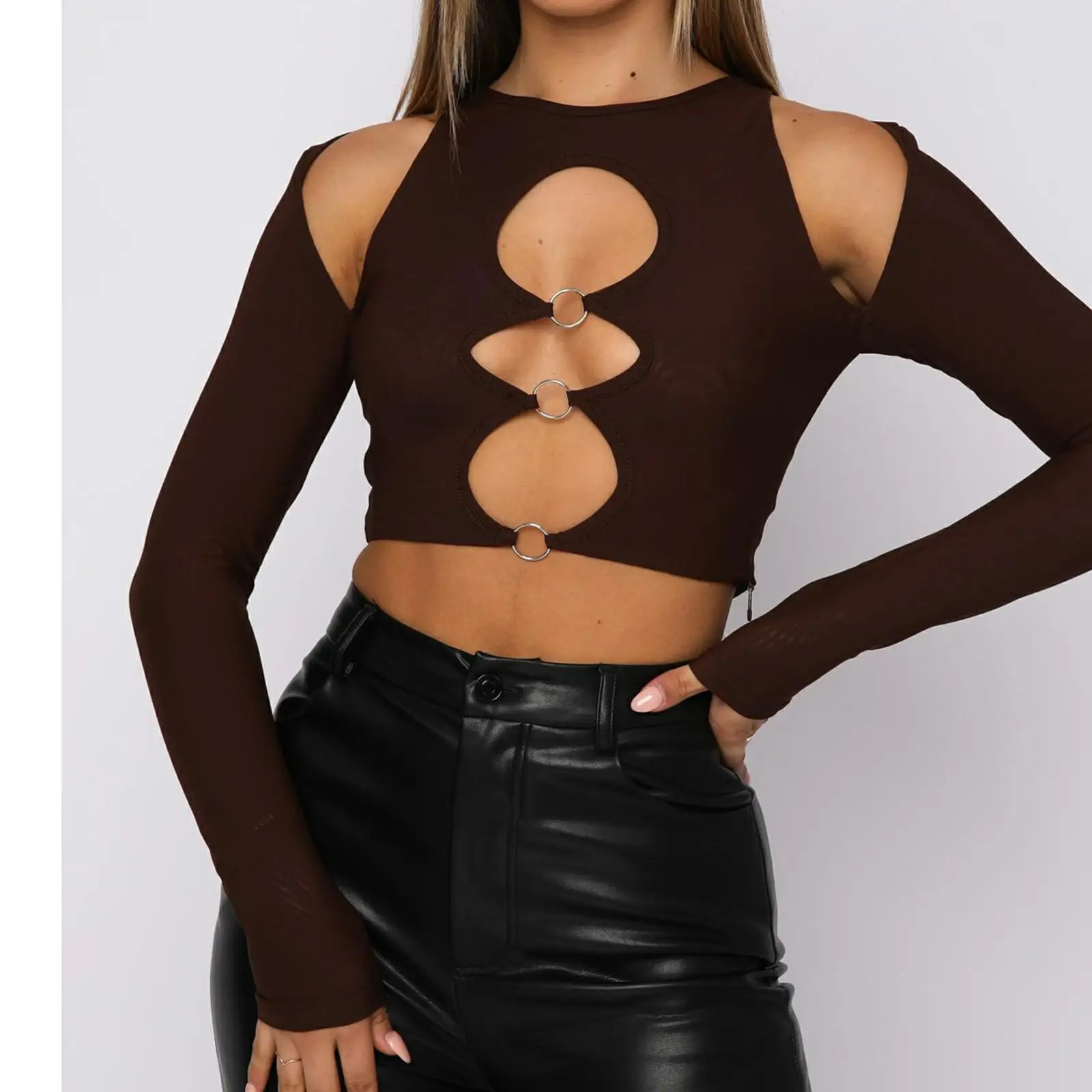 Y2k Cut Out Crop Shirt: Long Sleeve Halter Criss Cross Tees