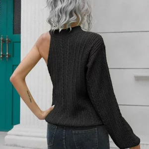 Y2K Cut Out Knitted Sweater: One Shoulder Pullover Top - Women's Fall Winter Fashion - Long Sleeve