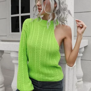 Y2K Cut Out Knitted Sweater: One Shoulder Pullover Top - Women's Fall Winter Fashion - Long Sleeve