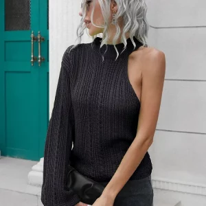 Y2K Cut Out Knitted Sweater: One Shoulder Pullover Top - Women's Fall Winter Fashion - Long Sleeve