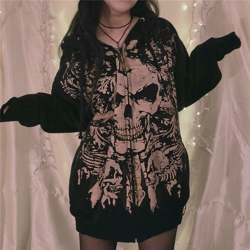 Y2K Cyber Gothic Punk Skull Print Sweatshirt - Grunge Hoodie Zip Up Coat