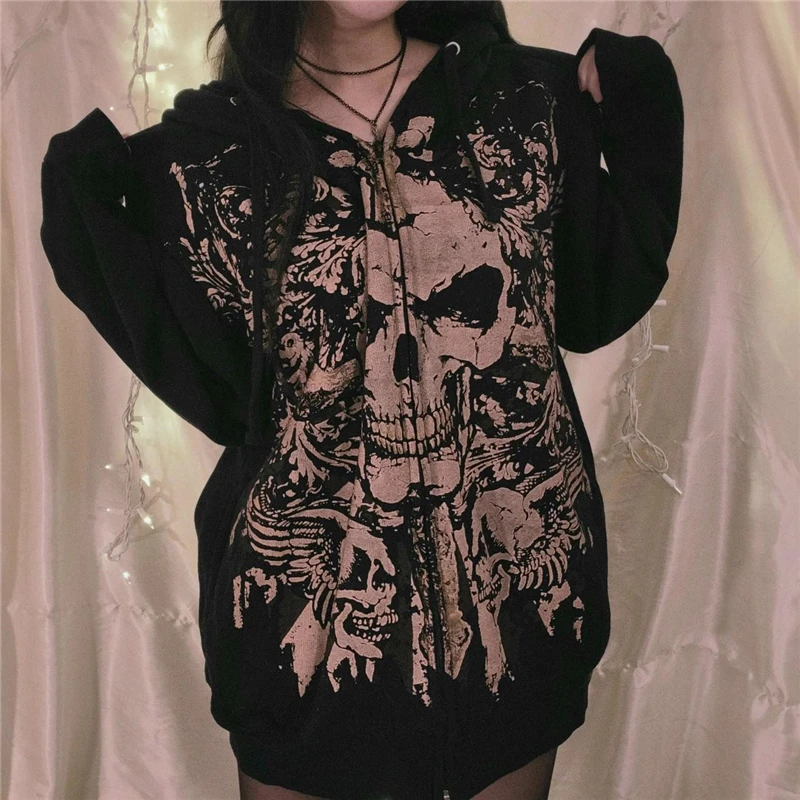 Y2K Cyber Gothic Punk Skull Print Sweatshirt - Grunge Hoodie Zip Up Coat