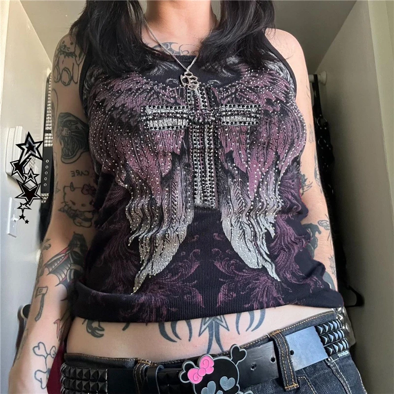 Y2K Cyber Grunge Emo Rhinestone Graphic Crop Top - Women's Gothic Streetwear