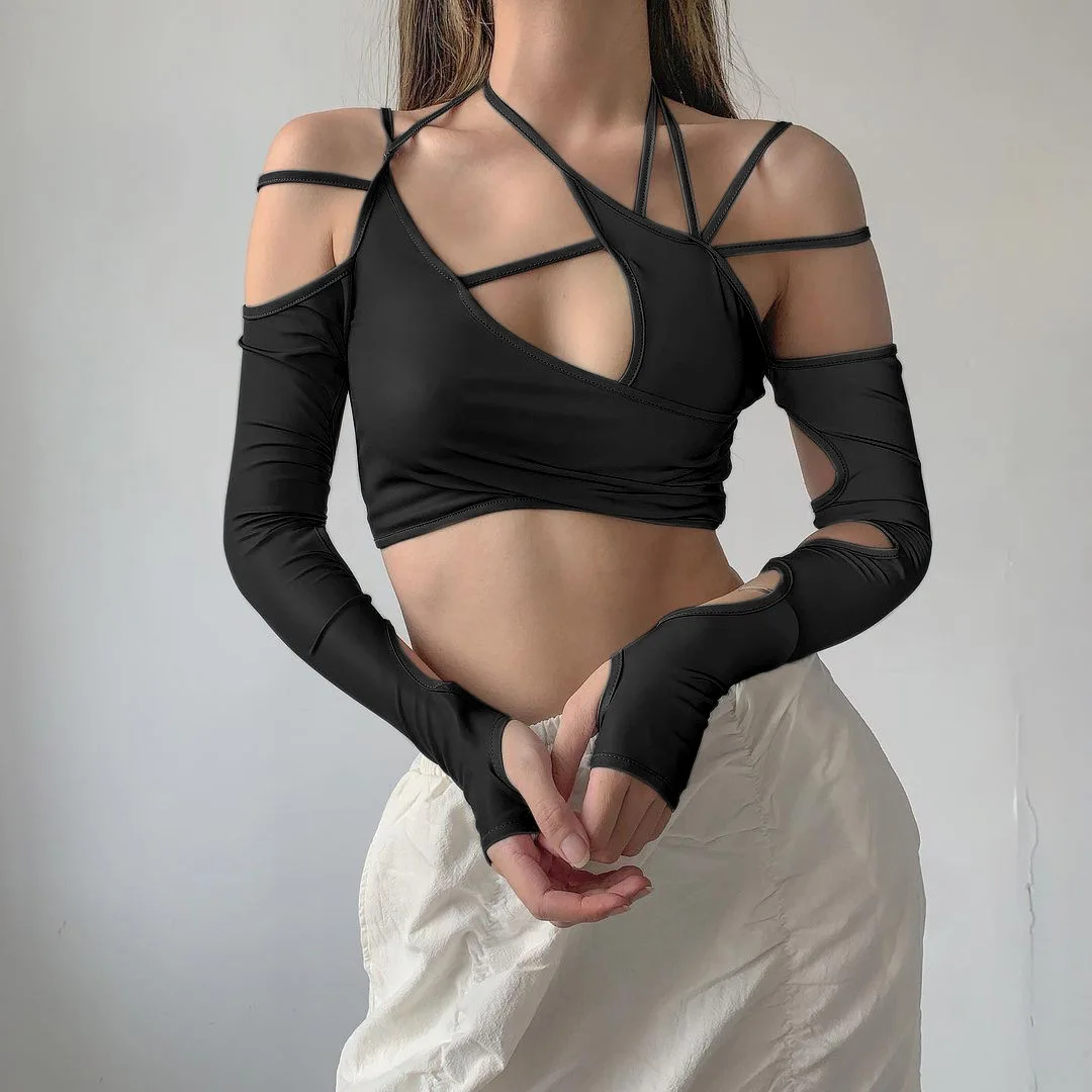 Y2K Cyber Punk Halter Crop Top - Gothic Rave Outfit with Cut-Out Bandage Detail