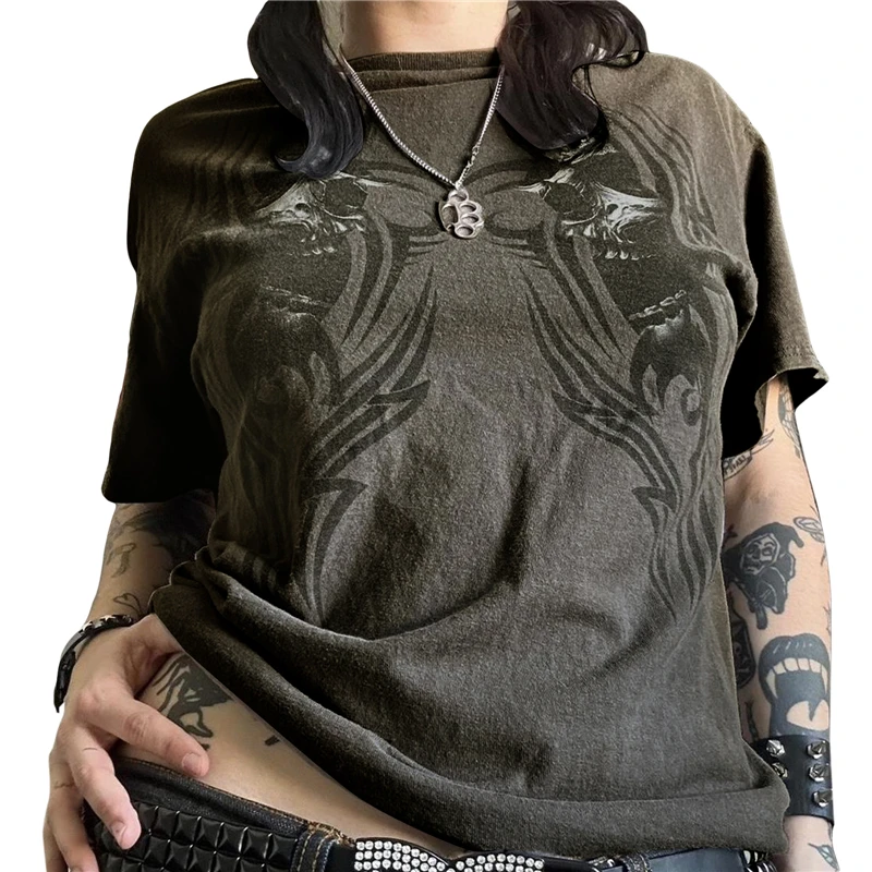 Y2K Cyber Skull Print Shirt - Short Sleeve Aesthetic E-Girl Top