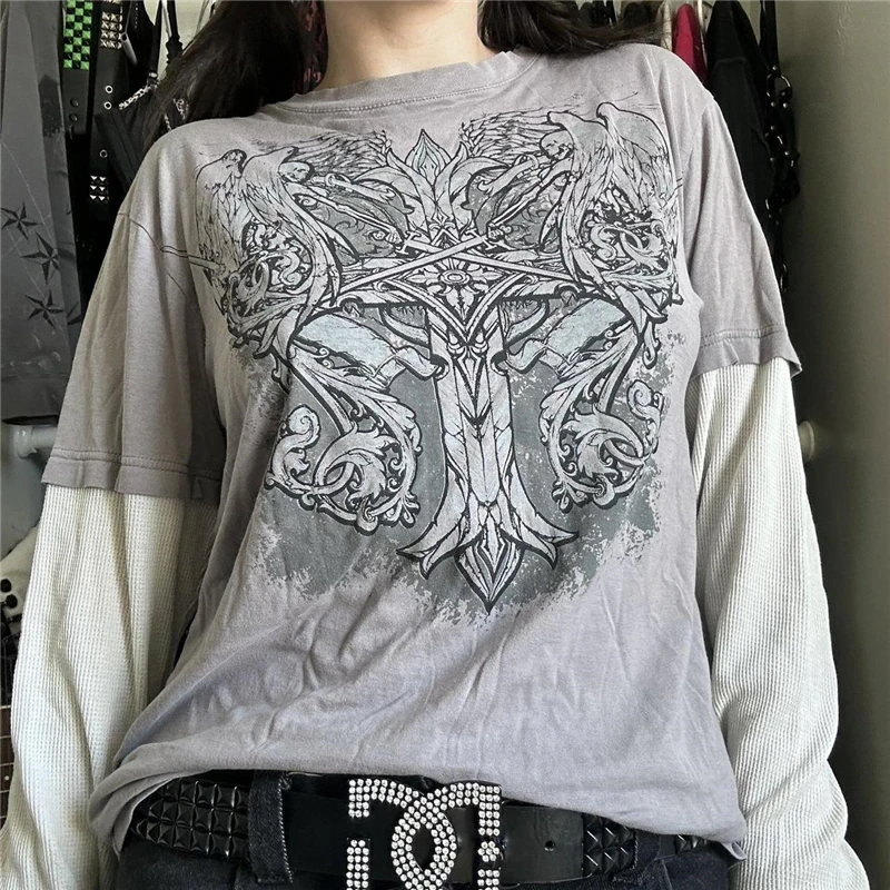 Y2K Cybercore Graphic Print Patchwork Shirt - Long Sleeve Gothic Grunge Top