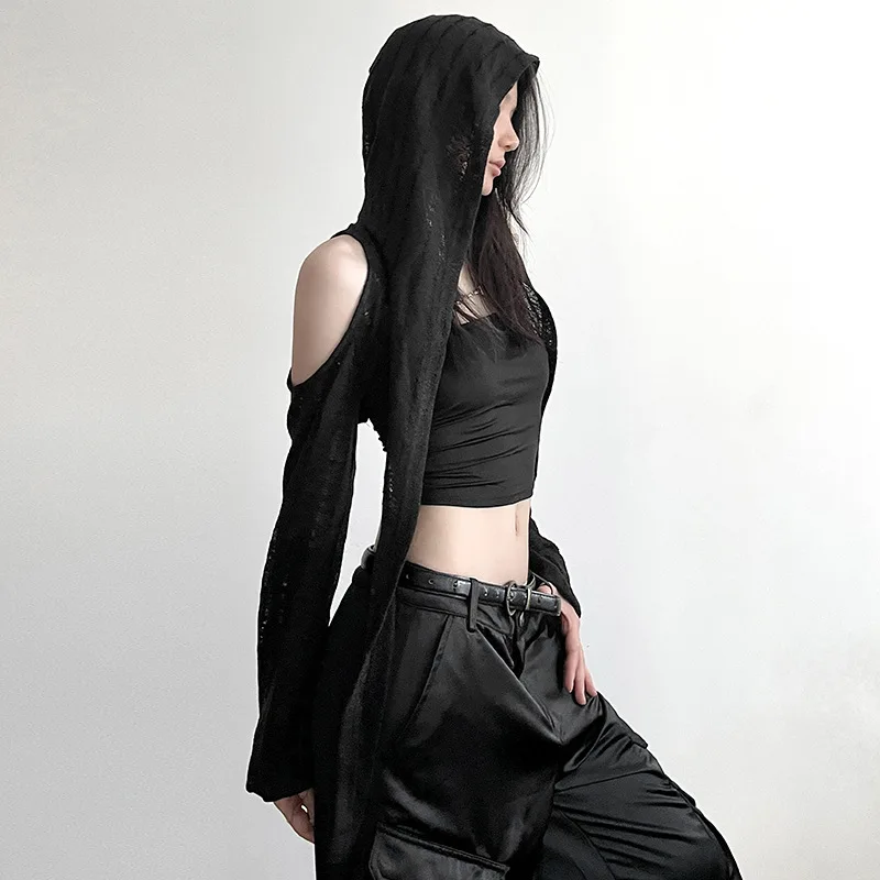 Y2k Dark Goth Open Shoulder Crop Cardigan - Punk Grunge Streetwear