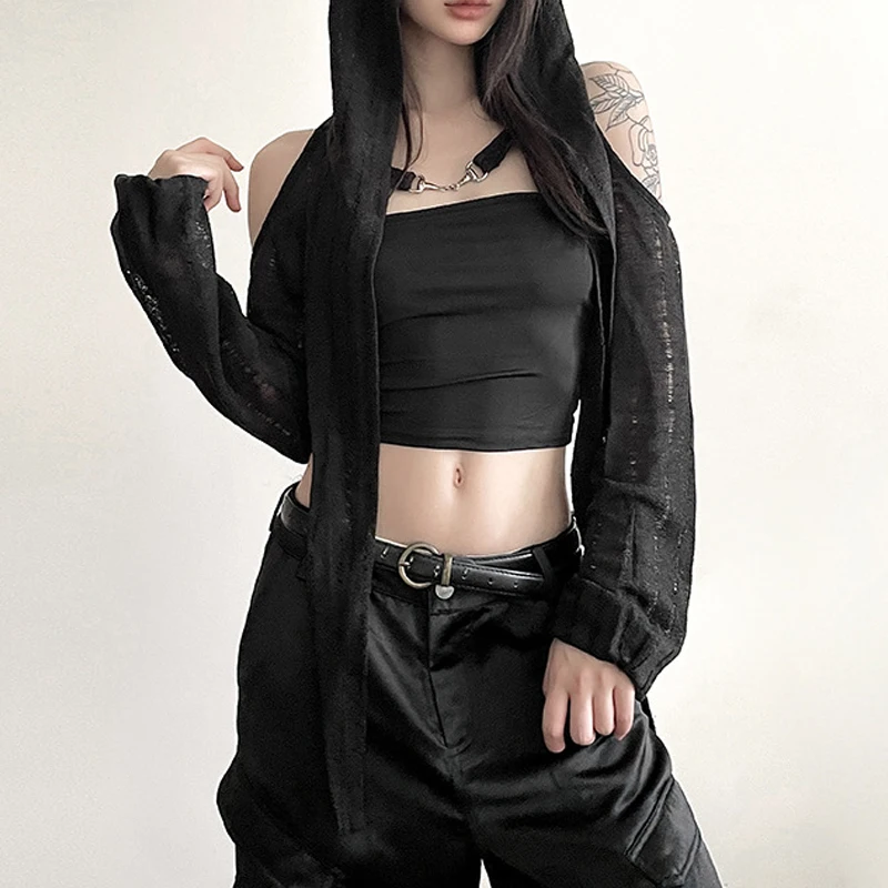 Y2k Dark Goth Open Shoulder Crop Cardigan - Punk Grunge Streetwear