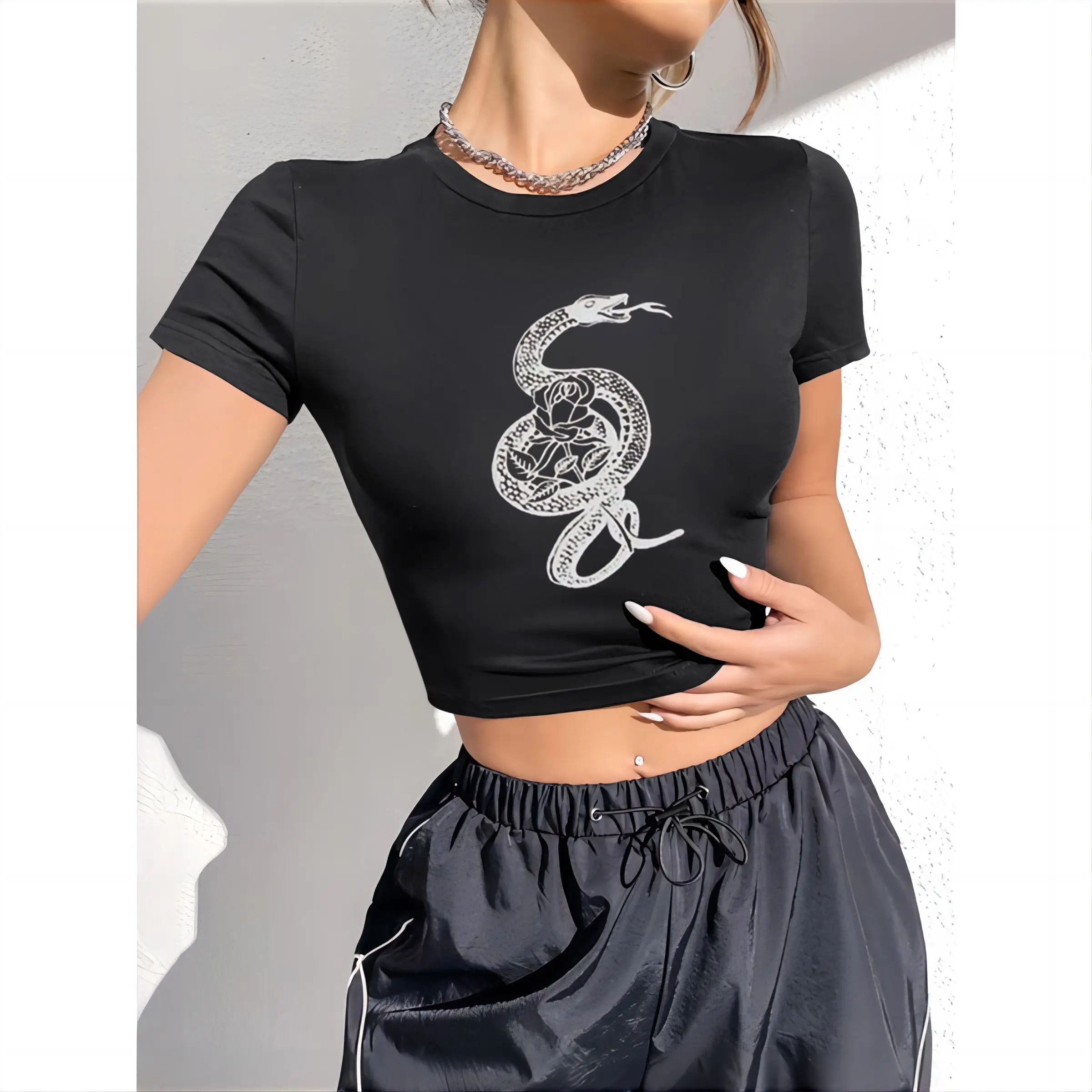 Y2K Dark Gothic Punk Top - Vintage Snake Rose Print T-shirt