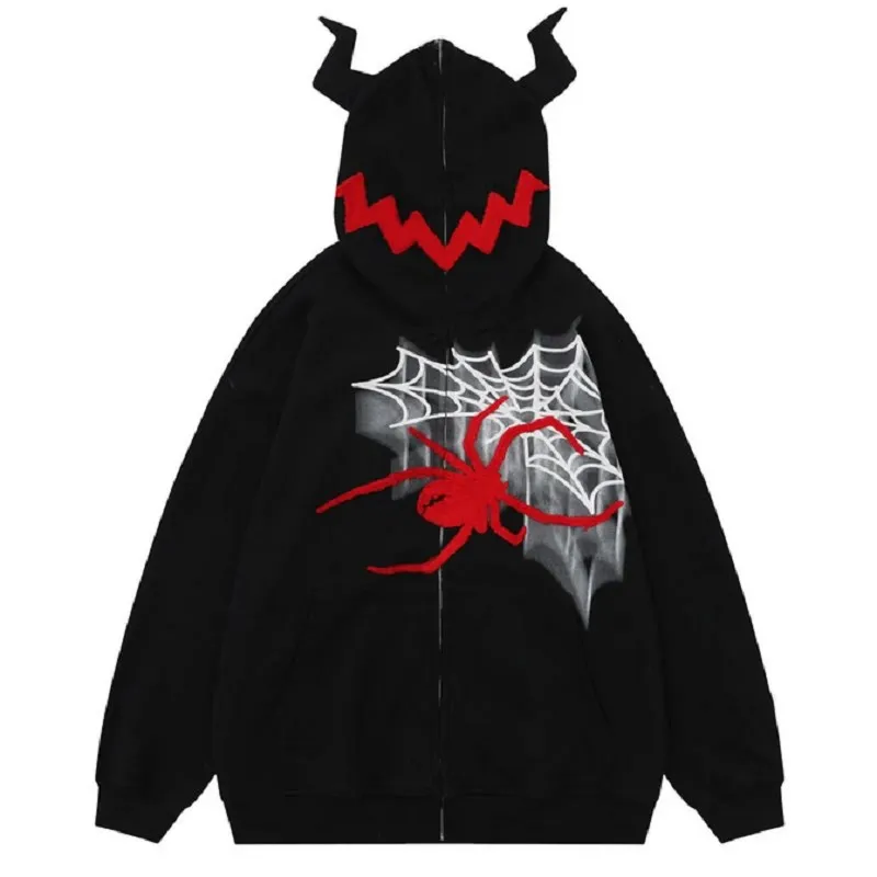 Y2K Dark Spider Web Print Hoodie - Unisex Streetwear Gothic Sweatshirt