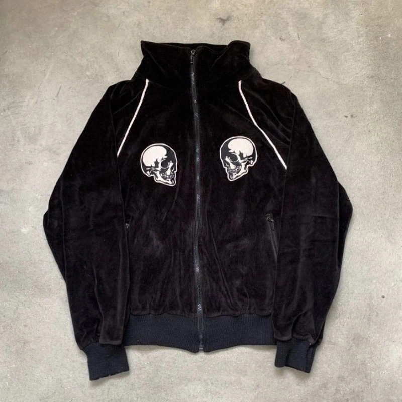 Y2K Dark Symmetric Skull Embroidery Zipper Cardigan Sweatshirt