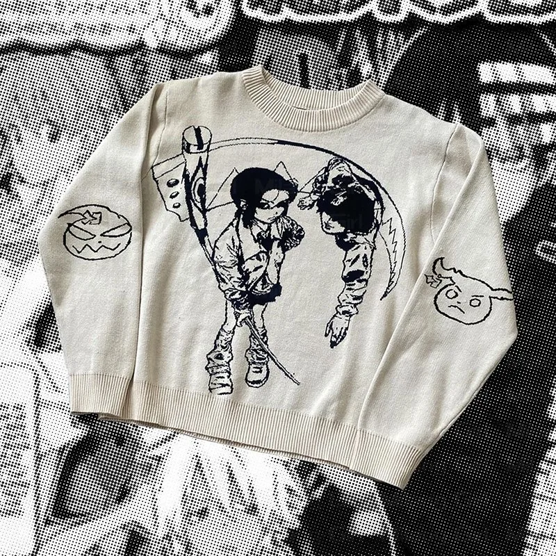 Y2K Dark Wind Cartoon Jacquard Sweater - Unisex Loose Fit