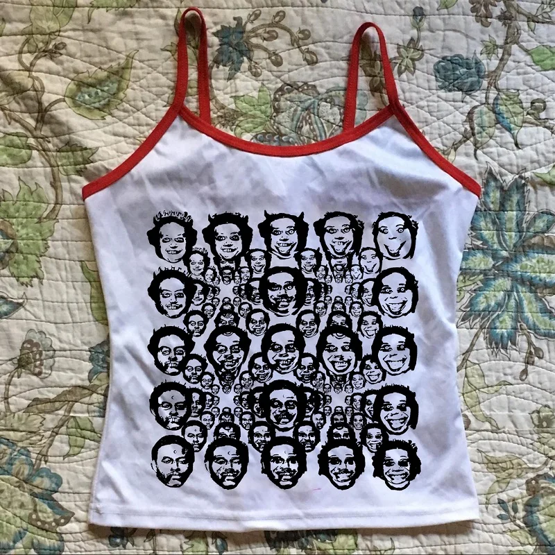 Y2K Demonic Painting Vintage Tank Top - Anime Face Mesh Pattern Hip Hop Streetwear