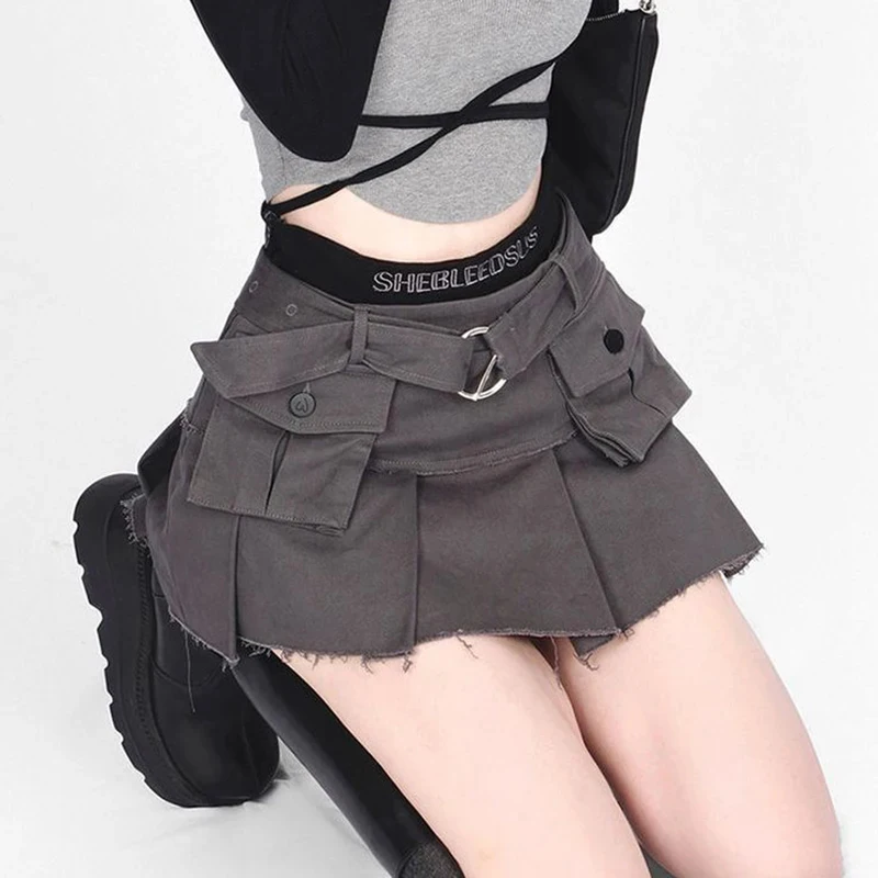 Y2K Denim Cargo Skirt - Streetwear Patchwork Mini Skirt