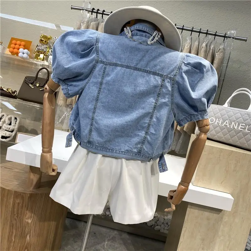 Y2K Denim Crop Jacket with Puff Sleeves