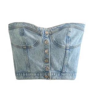 Y2K Denim Crop Top: Chic Backless Off-Shoulder Corset Tube Top