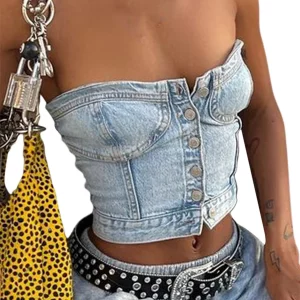 Y2K Denim Crop Top: Chic Backless Off-Shoulder Corset Tube Top