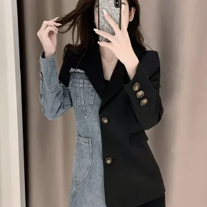 Y2K Denim Patchwork Blazer Jacket Women's Casual Fashion