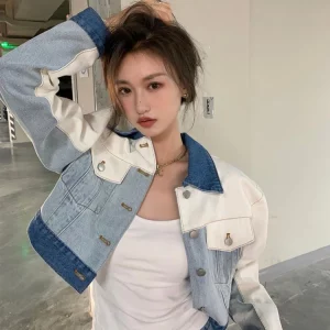 Y2K Denim Patchwork Jacket for Women Casual Spring Autumn Style