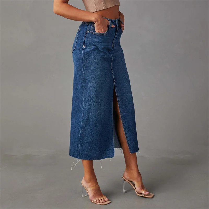 Y2K Denim Skirt: High Waist Zipper Front Slit Bodycon Streetwear