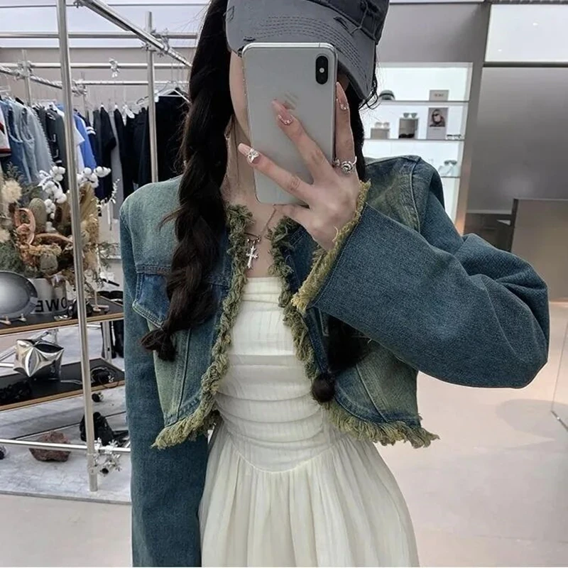 Y2K Denim Tassel Jacket - Retro Grunge Style Coat