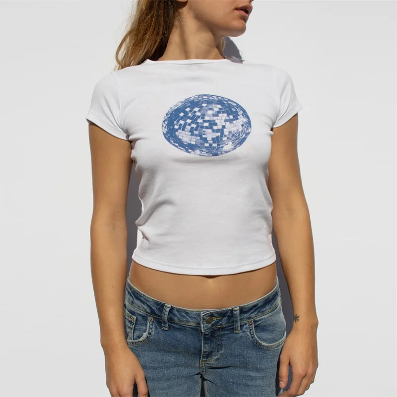 Y2K Disco Ball Print Crop Top - Graphic Baby Tee for Women