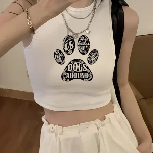 Y2K Dog's Paw Graphic Print Sleeveless Crop Top - Retro Summer Style