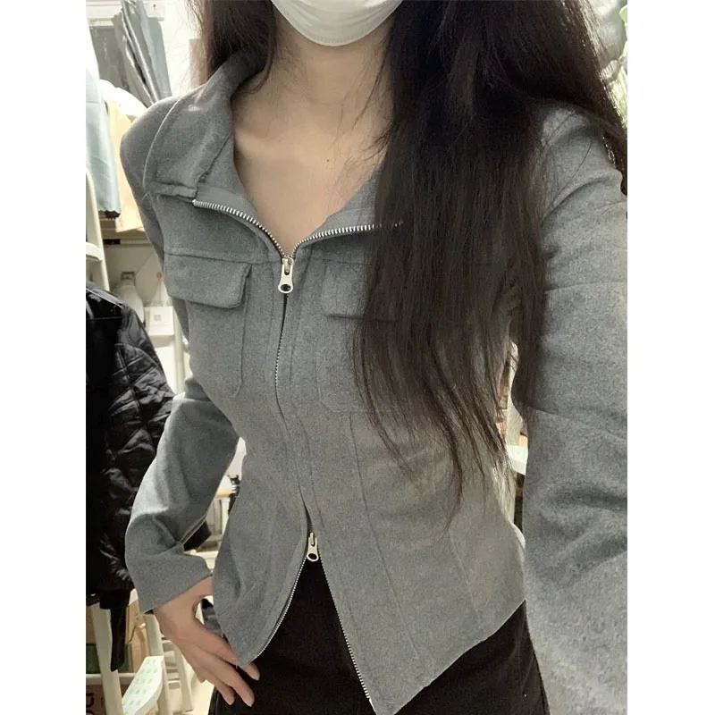 Y2K Double Zipper Lapel Slim Fit Shirt - Sexy Grunge Style Slimming Top