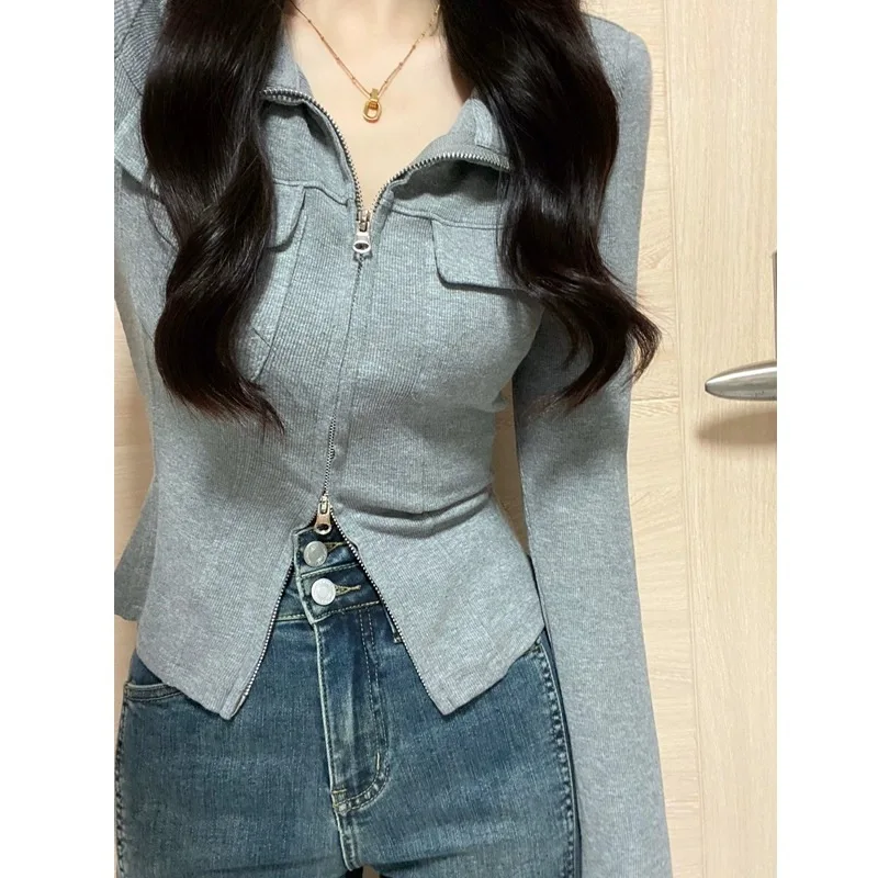 Y2K Double Zipper Lapel Slim Fit Shirt - Sexy Grunge Style Slimming Top