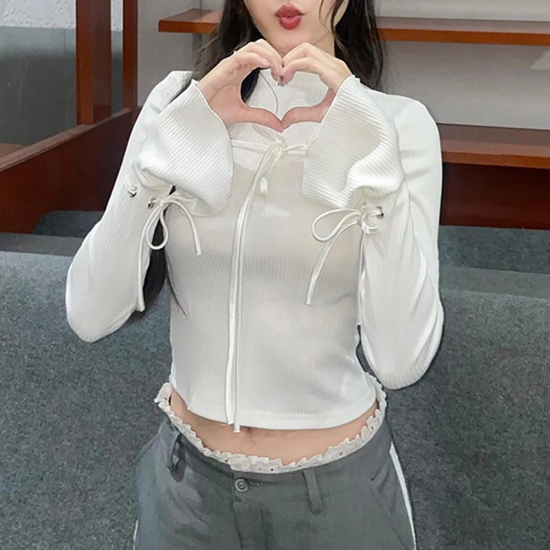 Y2K Elegant Lace-Up White T-Shirt - Ribbed Long Sleeve Crop Top