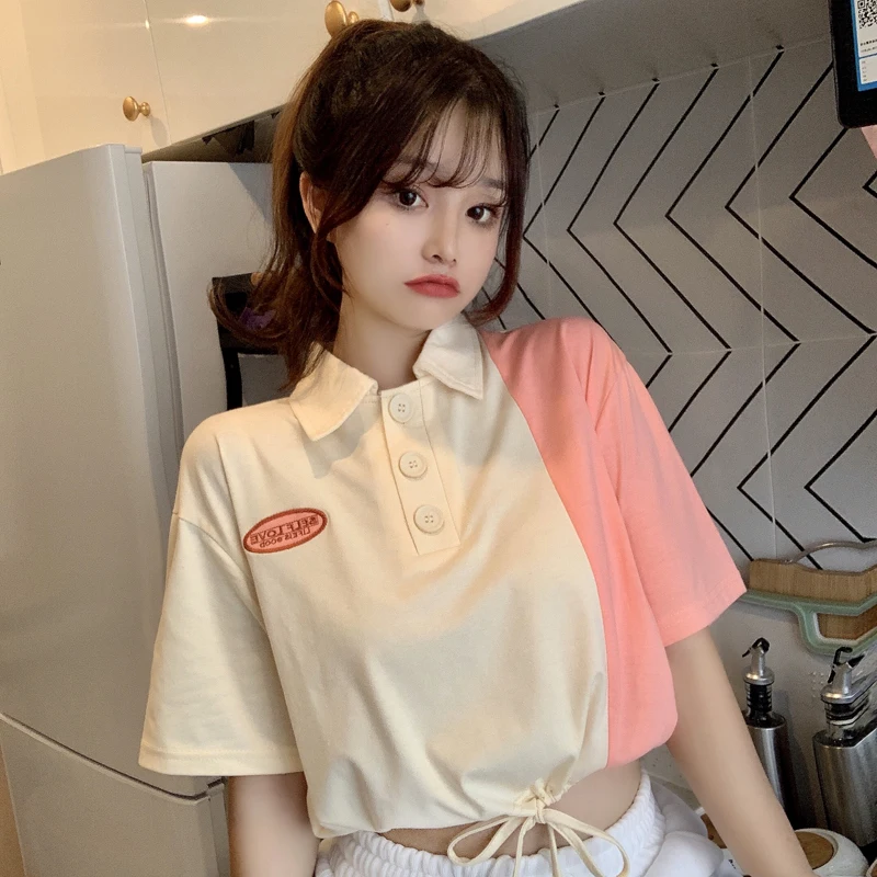 Y2K Embroidered Cotton Shirt: Lace-Up Collar Short Sleeve Korean Summer Style