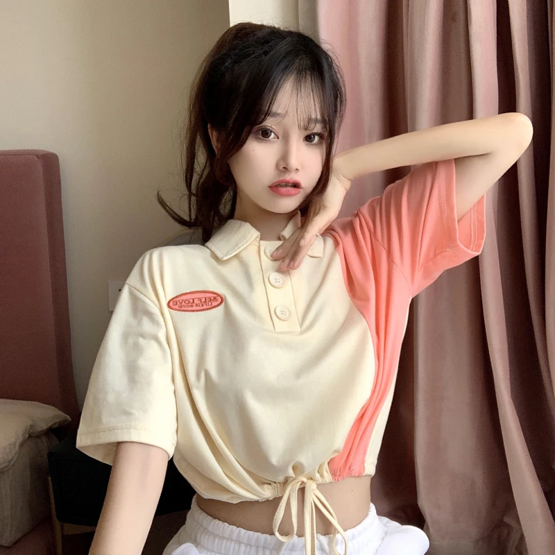 Y2K Embroidered Cotton Shirt: Lace-Up Collar Short Sleeve Korean Summer Style