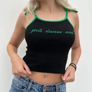 Y2K Embroidered Strap Tank Top - Retro 2000s Fashion for Women