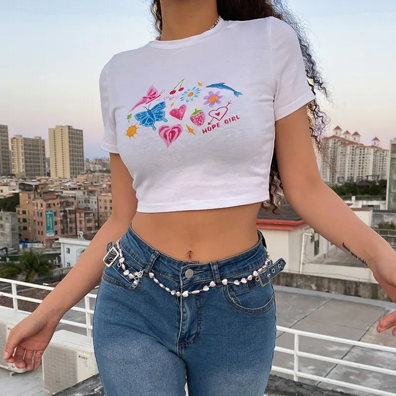 Y2k Fairy Grunge Butterfly Graphic T-Shirt - Aesthetic Harajuku Punk Streetwear Crop Top