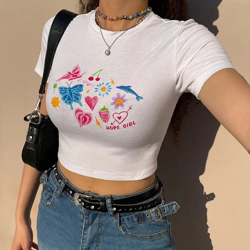 Y2k Fairy Grunge Butterfly Graphic T-Shirt - Aesthetic Harajuku Punk Streetwear Crop Top