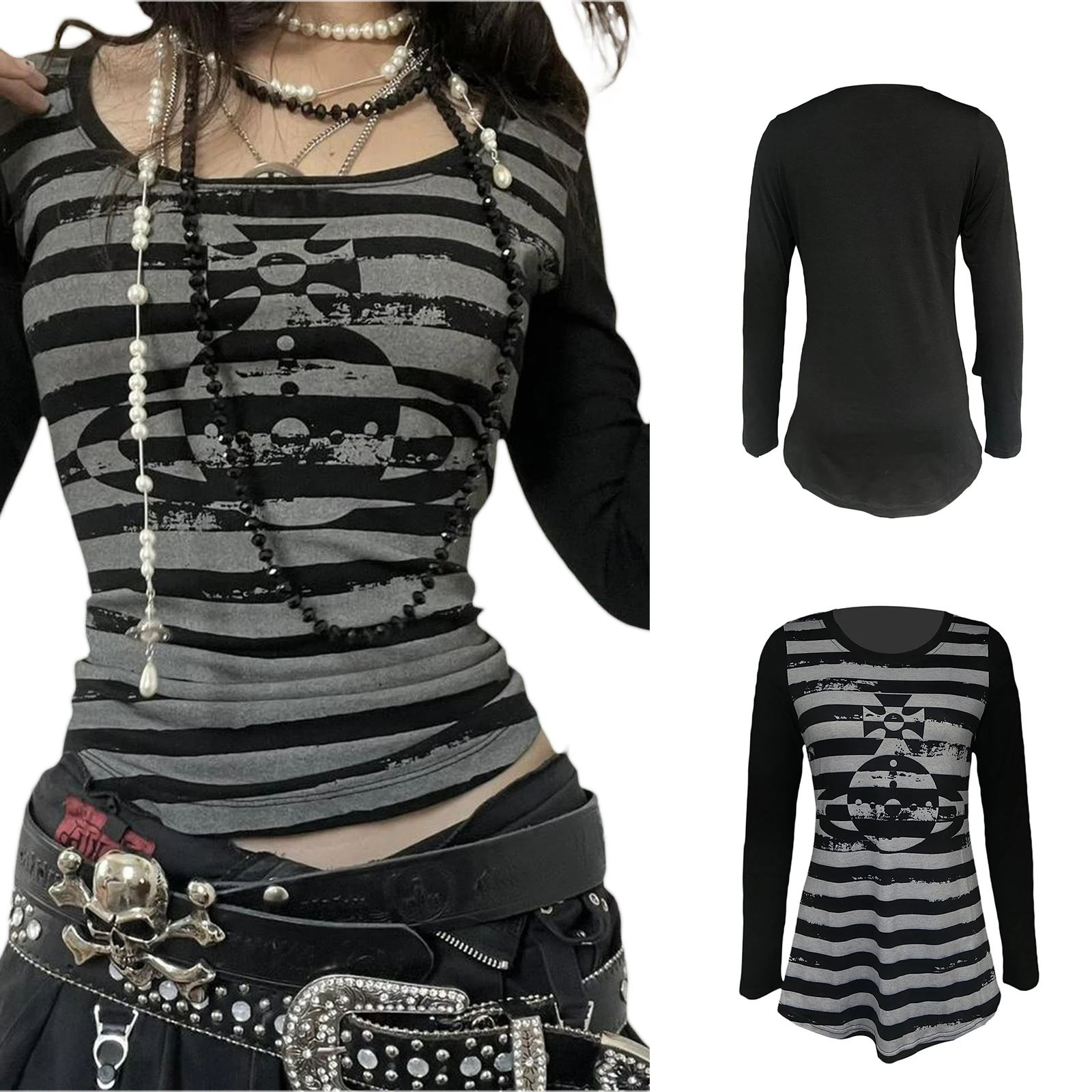 Y2k Fairy Grunge Graphic Long Sleeve T-Shirt - E-Girls Aesthetic Gothic Striped Print