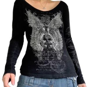 Y2k Fairy Grunge Graphic Long Sleeve Tees - Aesthetic Gothic Floral Print