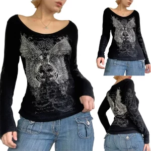 Y2k Fairy Grunge Graphic Long Sleeve Tees - Aesthetic Gothic Floral Print