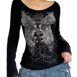 Y2k Fairy Grunge Graphic Long Sleeve Tees - Aesthetic Gothic Floral Print