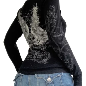 Y2k Fairy Grunge Graphic Long Sleeve Tees - Aesthetic Gothic Floral Print