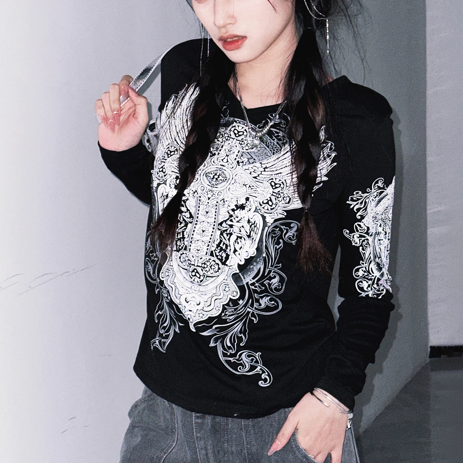 Y2K Fairy Grunge Graphic Print Long Sleeve Tee - Vintage Slim Fit Crop Top