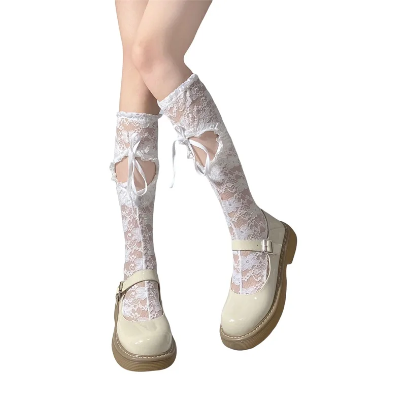 Y2K Fairy Grunge Lace Over Knee Socks - Hollow Bows Thigh High Stocking