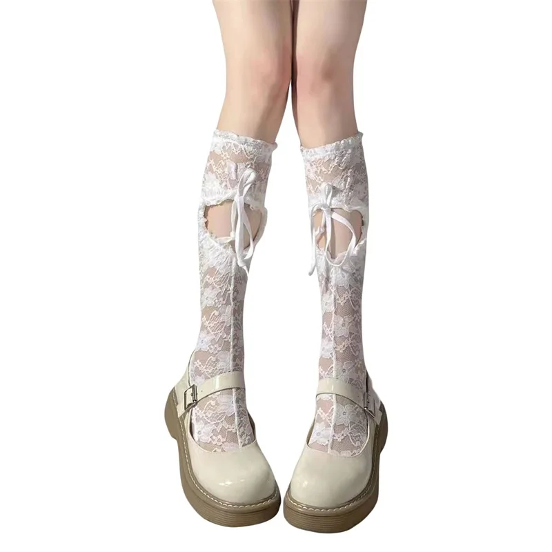 Y2K Fairy Grunge Lace Over Knee Socks - Hollow Bows Thigh High Stocking